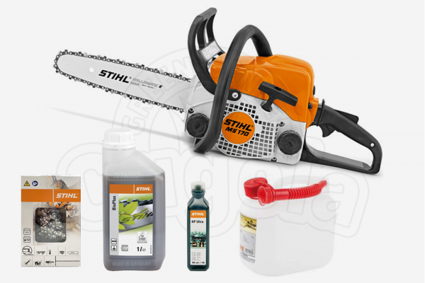 MOTOSEGA A SCOPPIO STIHL MS 170 cm. 35 + CATENA + BIOPLUS 1L + HP ULTRA 100 ML + TANICA 5L - BUNDLE