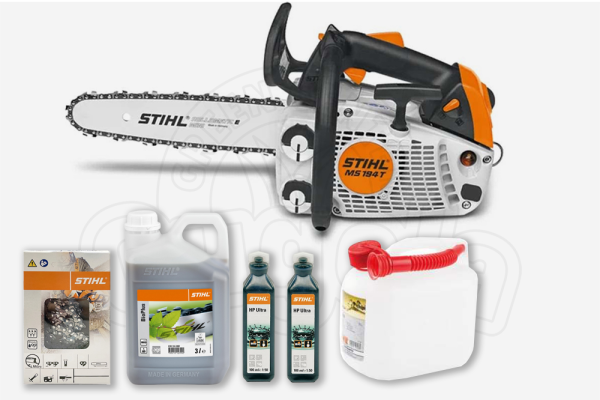 MOTOSEGA A SCOPPIO STIHL MS 194 T - 1/4"P - cm. 30 + catena + BioPlus 3L + n.2 HP Ultra 100 ml + tanica 5L